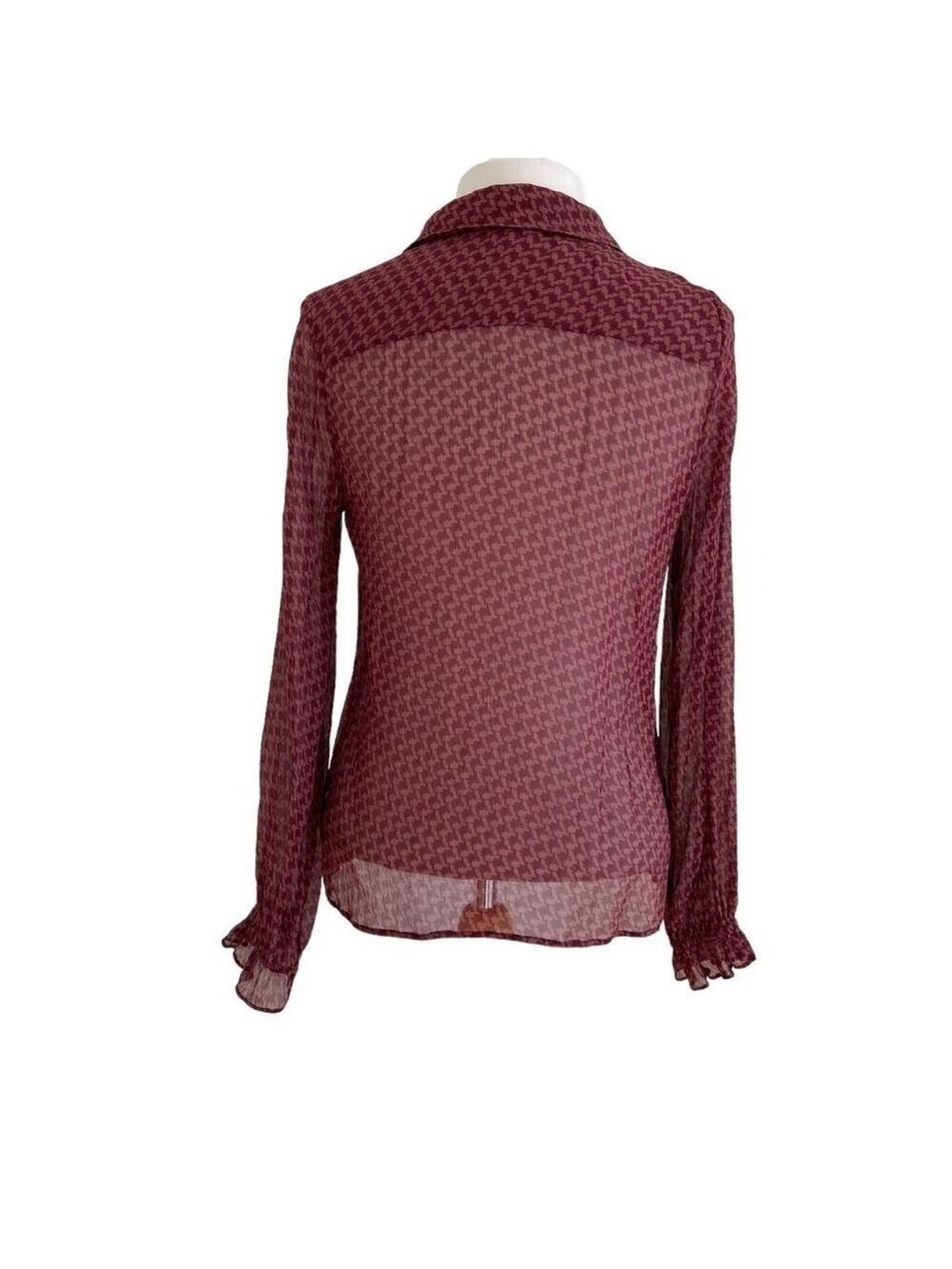 Paige Brea 100% Silk Burgundy Red Houndstooth Blouse Sheer Small houndstooth - Picture 5 of 15
